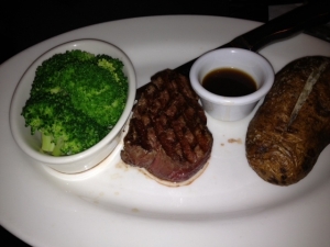 A recent steakhouse order for me, no sauces, no butter and no sour cream but a great little filet mignon, a lean cut of meat.