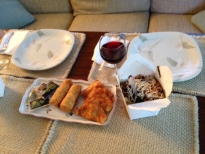 My Chinese birthday dinner, egg rolls, crab rangoon, Mongolian beef. Not shown was the fried rice.